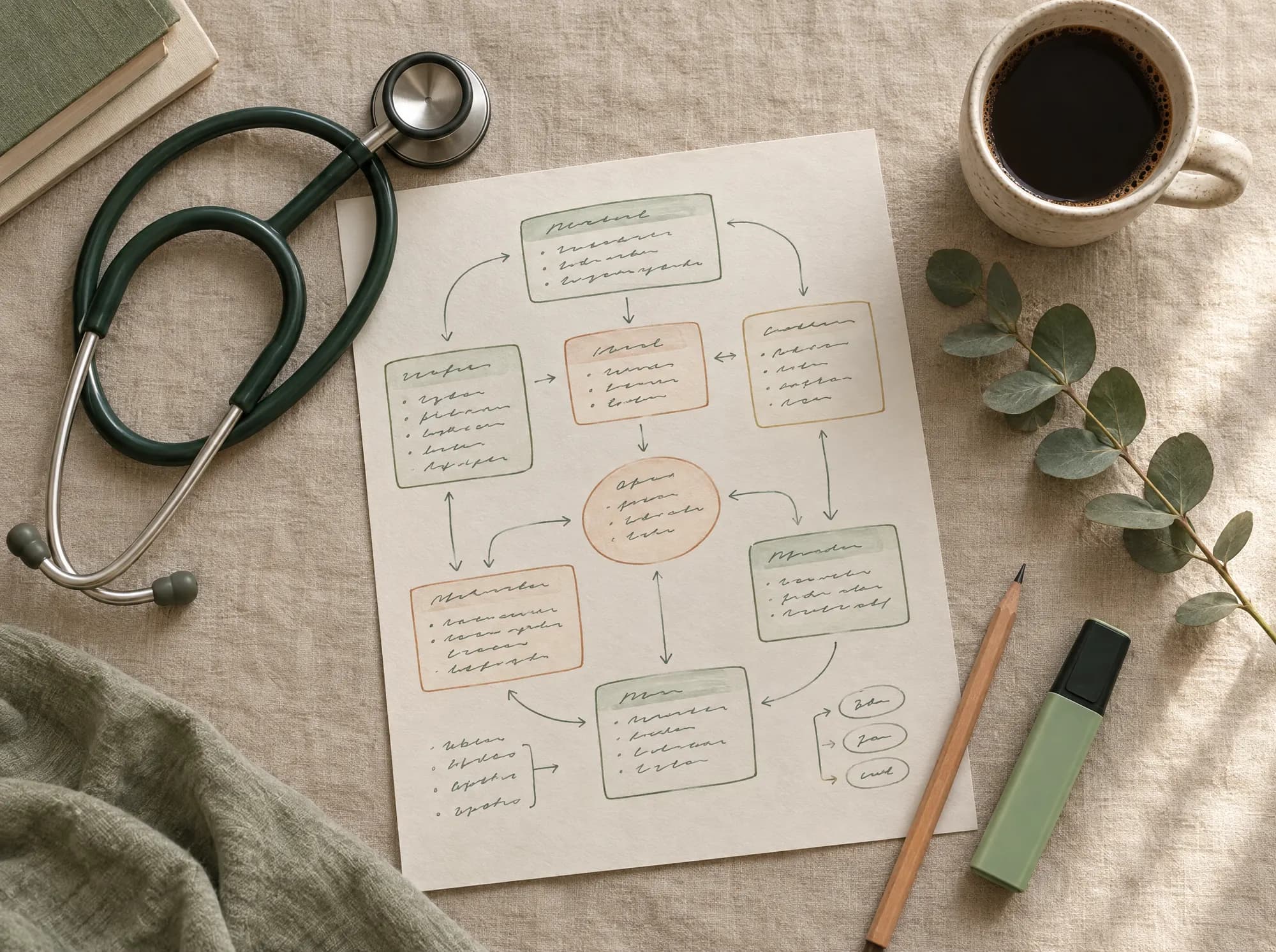 A stethoscope resting on handwritten notes laid out as a structured framework, with a highlighter and coffee.