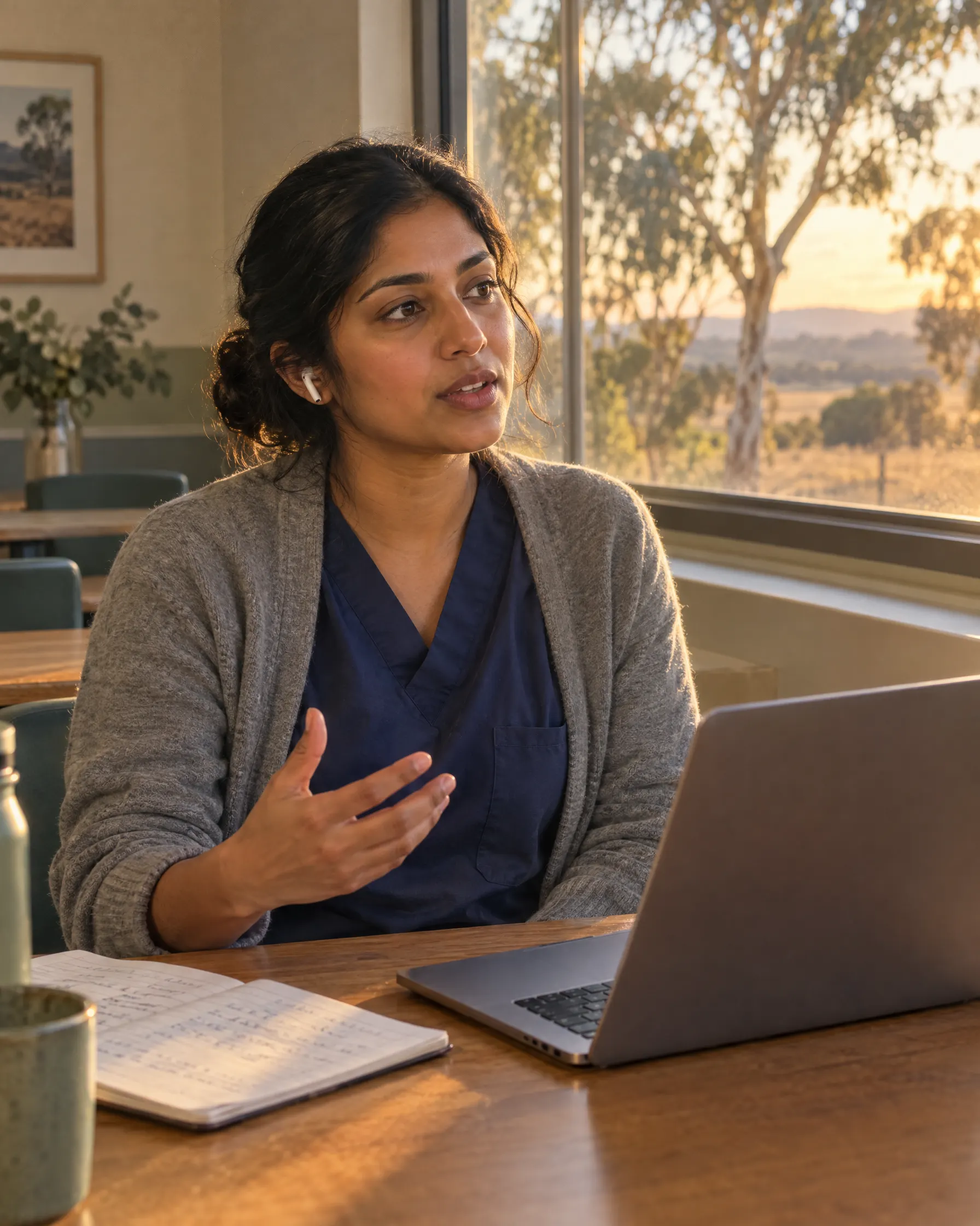 A doctor in a hospital staff room speaks an answer out loud, wearing earbuds, with a laptop and notes in front of her.