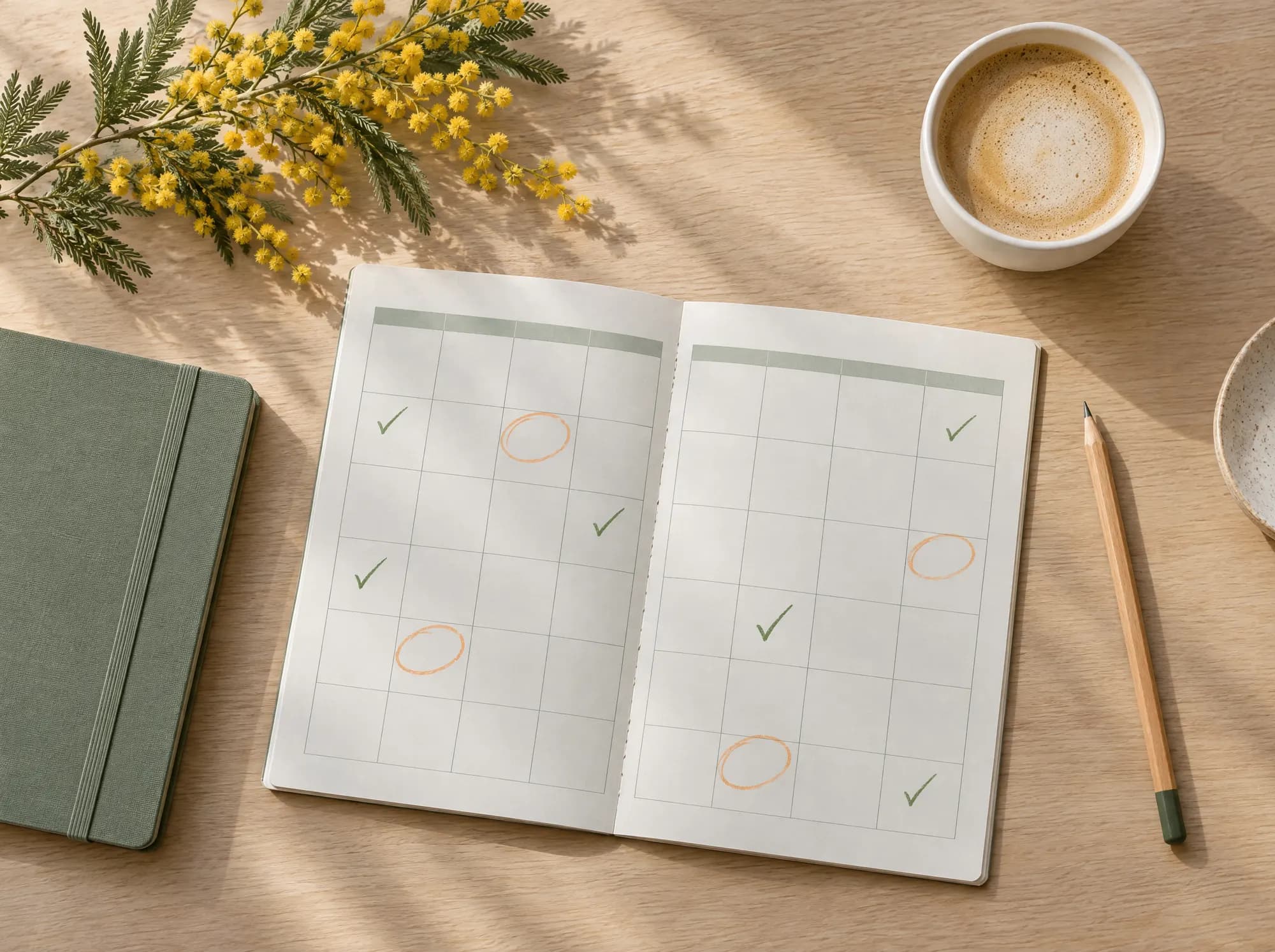 A paper planner with a few days circled, a notebook, a pencil and a coffee on a desk.