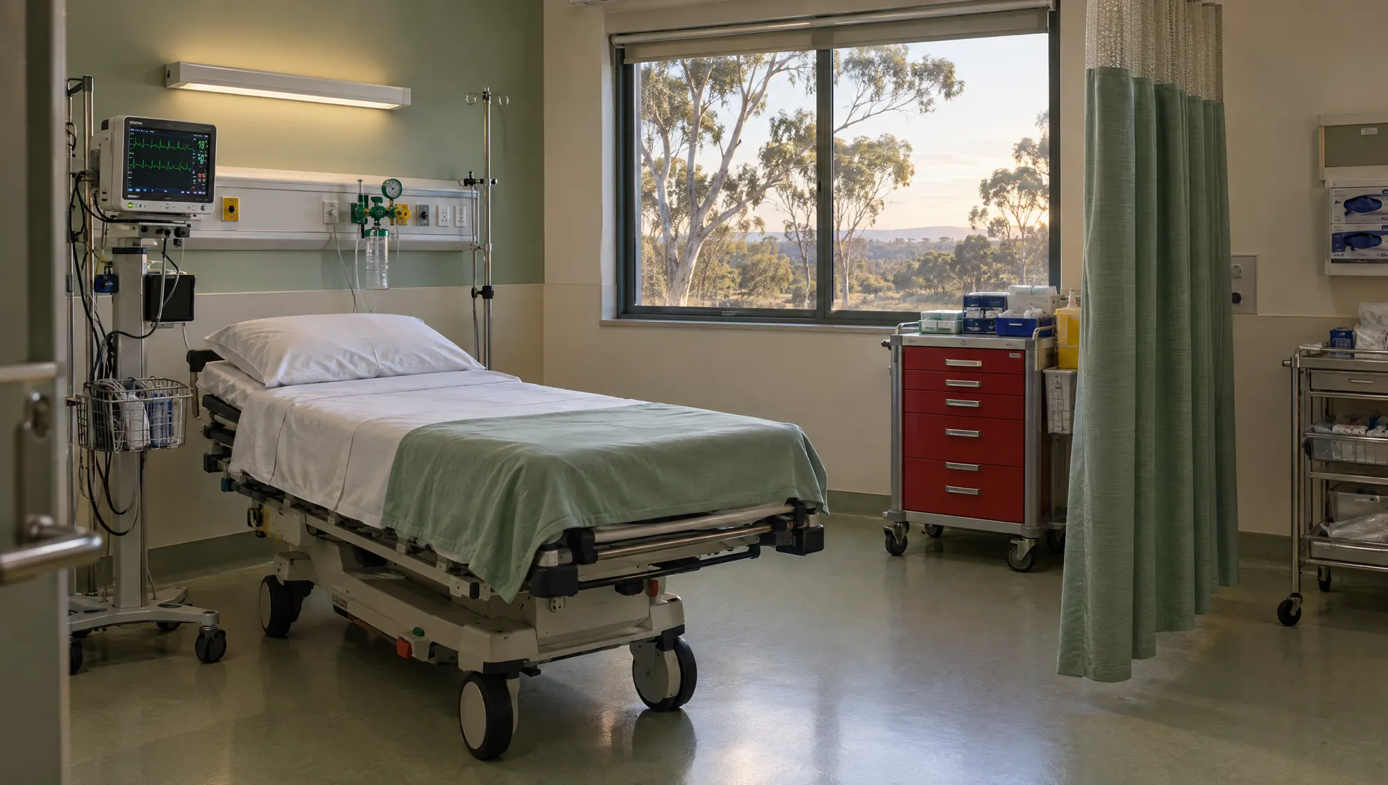 A tidy, empty resuscitation bay in a small hospital, with a monitor and trolley ready.