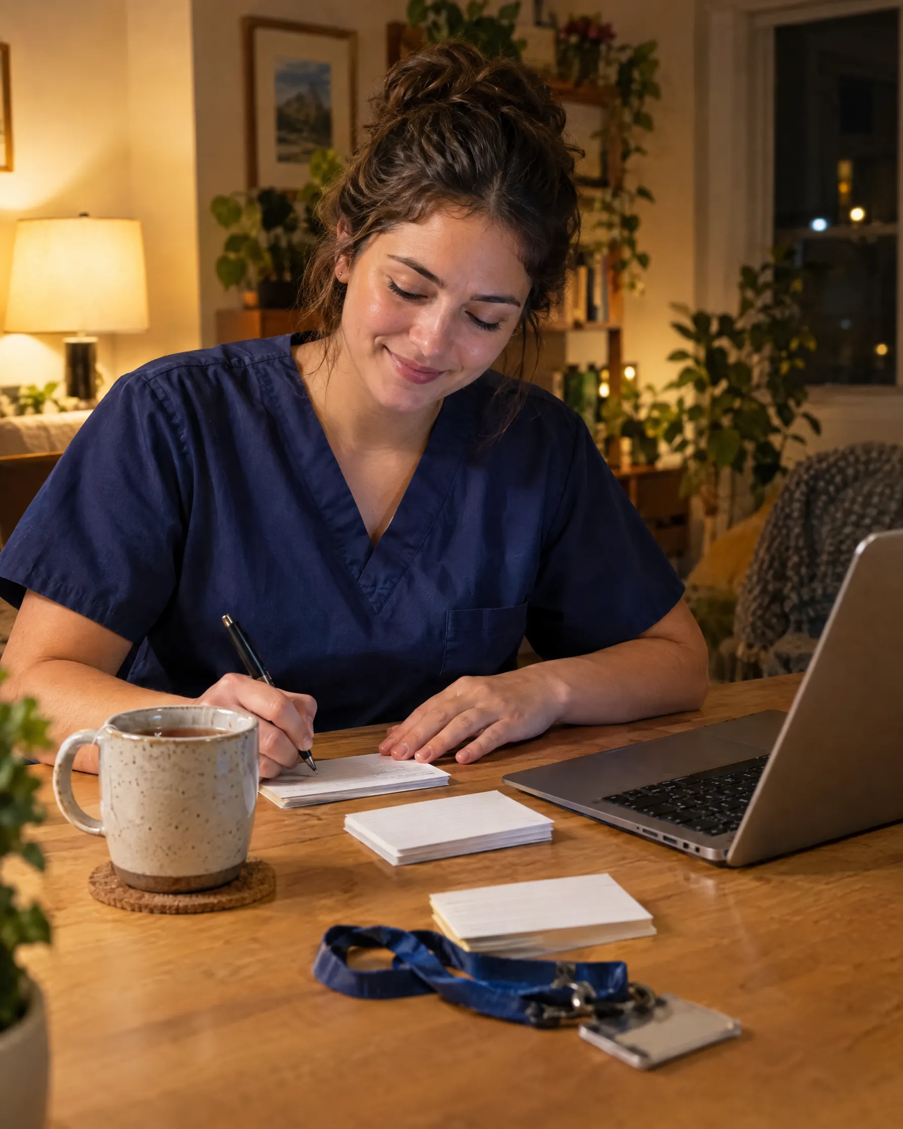 A young doctor in scrubs smiles while writing study notes at a kitchen table after a shift, with a laptop and a mug of tea.
