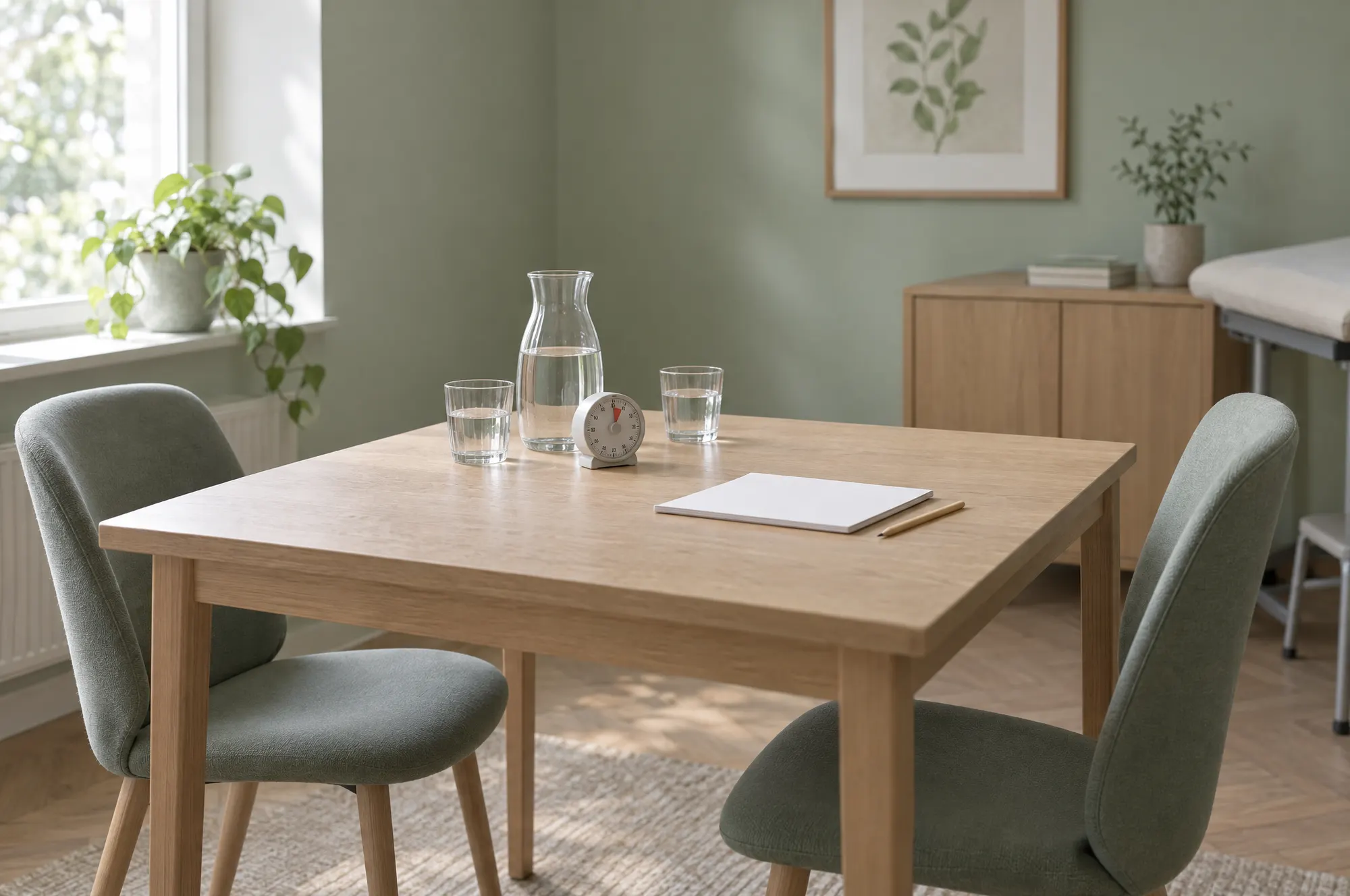 A quiet exam room with two chairs facing each other across a table, a small timer and a jug of water.