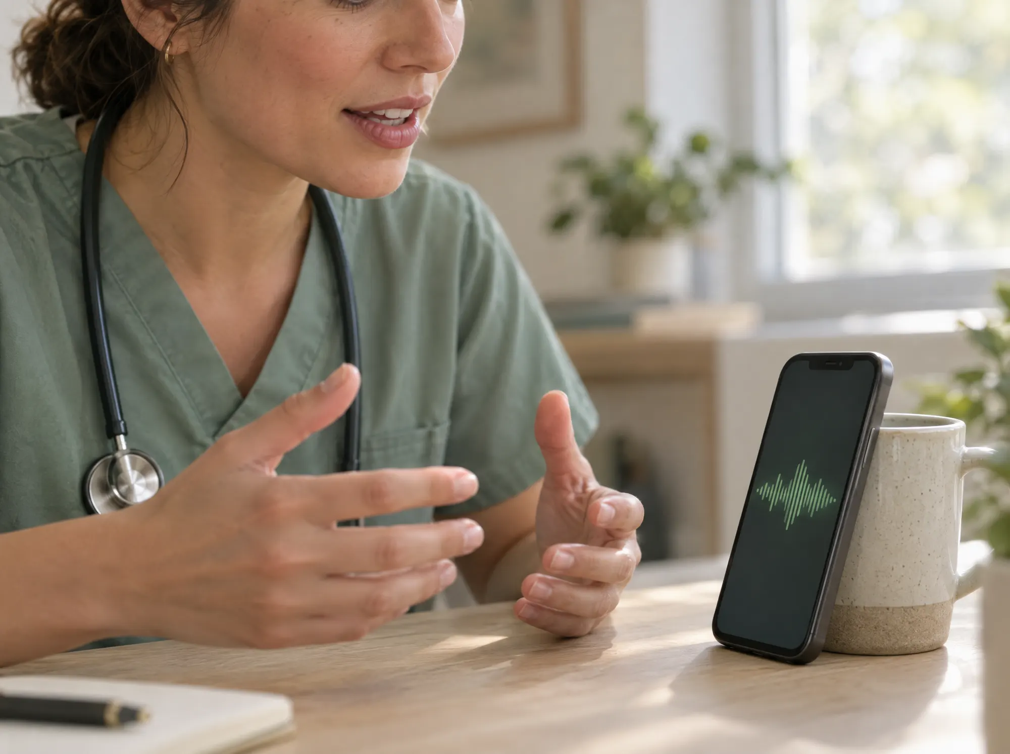 A doctor speaks towards a phone propped on a mug, its screen showing a sound wave.